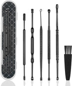 Hion 6 Pcs Ear Wax Removal Kit,Professional Double-Headed Ear Pick Earwax Removal Tools,316L Stainless Steel Ear Cleaner Curette with Cleaning Brush and Storage Box,Suit for Kid Adult(Black)