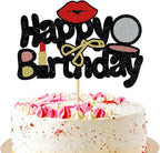 1PC Makeup Happy Birthday Cake Decoration, Powder, Eyelash Curler, Lipstick Glitter Cake Decor for Girls or Women Spa Themed Parties