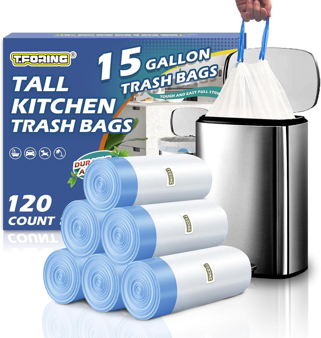 15 Gallon Trash Compactor Bags with Drawstring - 120 Count Heavy Duty 1.7 Mil Garbage Bags 56 Liter Tall Kitchen Bin Liners Unscented White for Home Yard Lawn