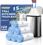 15 Gallon Trash Compactor Bags with Drawstring - 120 Count Heavy Duty 1.7 Mil Garbage Bags 56 Liter Tall Kitchen Bin Liners Unscented White for Home Yard Lawn