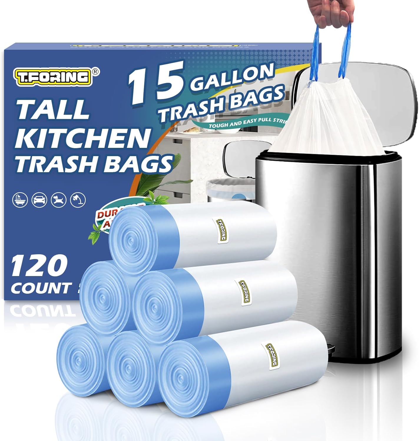 15 Gallon Trash Compactor Bags with Drawstring - 120 Count Heavy Duty 1.7 Mil Garbage Bags 56 Liter Tall Kitchen Bin Liners Unscented White for Home Yard Lawn