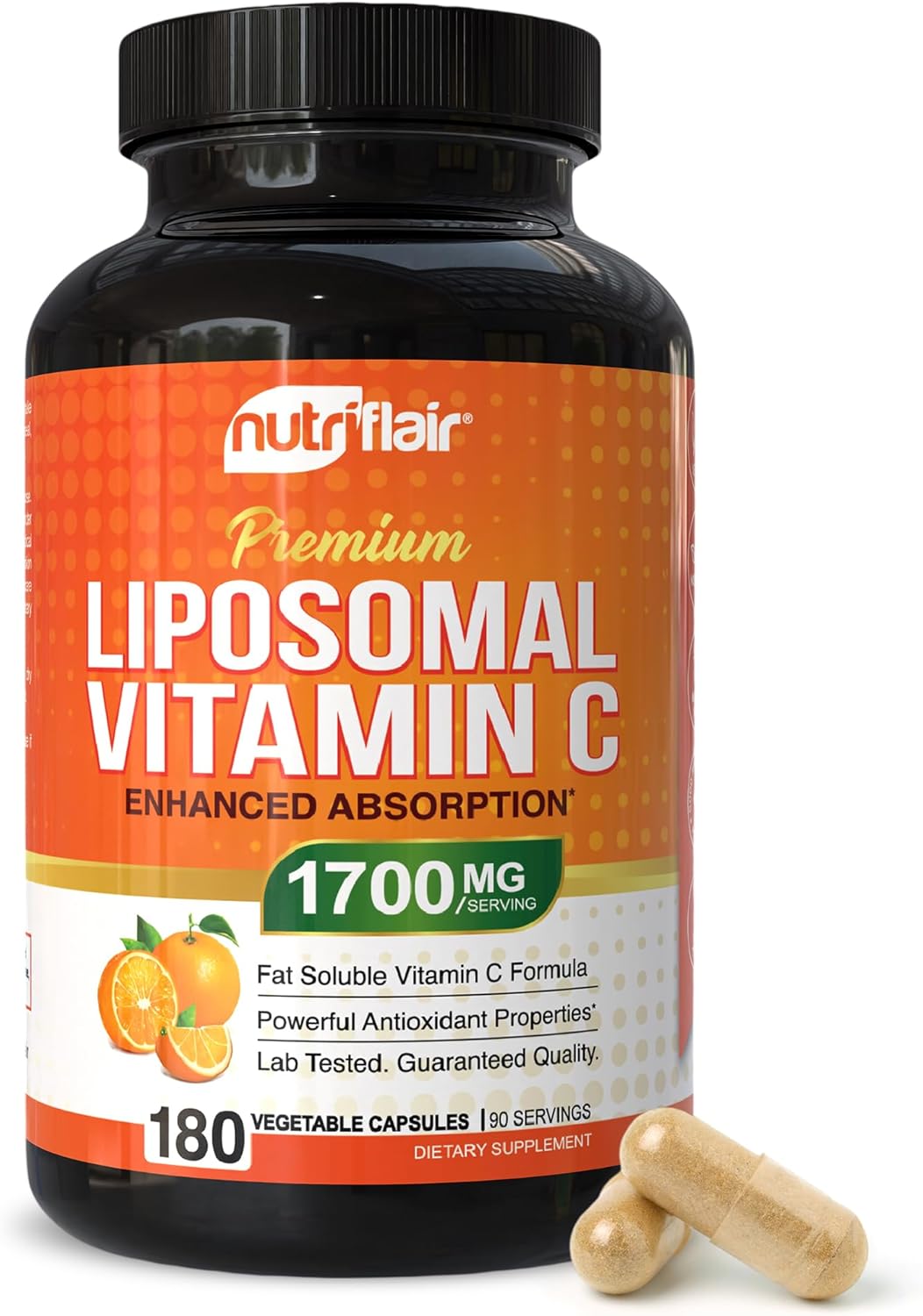 NutriFlair Liposomal Vitamin C 1700mg, 180 Capsules - High Absorption, Fat Soluble VIT C, Higher Bioavailability Immune System Support & Collagen Booster, Non-GMO, Vegan Pills