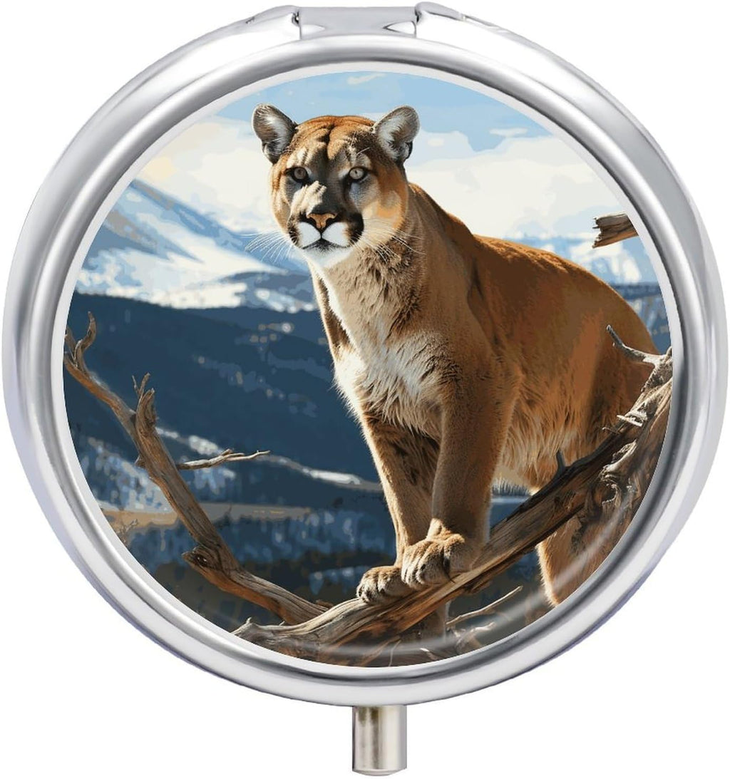 Panther Mountain Lion Pill Organizer Portable Metal Round Pill Box with 3 Compartments Exquisite Unique Small Pill Case Travel Pill Container Medicine Organizer Box for Adult & Gift