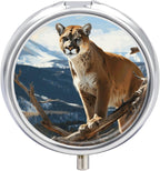 Panther Mountain Lion Pill Organizer Portable Metal Round Pill Box with 3 Compartments Exquisite Unique Small Pill Case Travel Pill Container Medicine Organizer Box for Adult & Gift