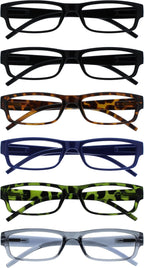 OPULIZE ACE Reading Glasses for Women Men, Lightweight Comfortable Narrow Rectangular Frame with Spring Hinges, Scratch Resistant, Black Brown Blue Green Grey +3.50 (Pack of 6)