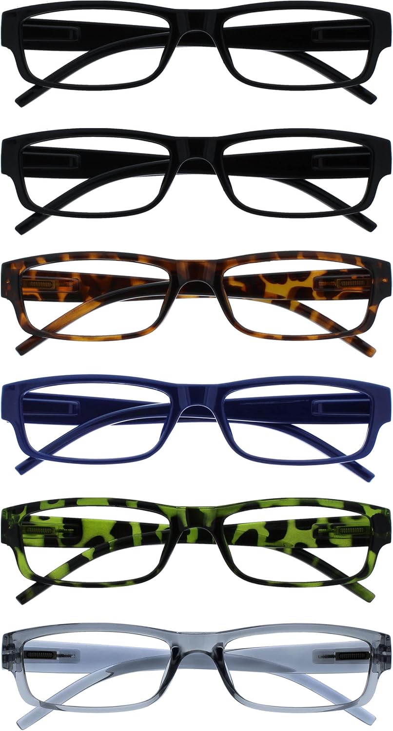 OPULIZE ACE Reading Glasses for Women Men, Lightweight Comfortable Narrow Rectangular Frame with Spring Hinges, Scratch Resistant, Black Brown Blue Green Grey +3.50 (Pack of 6)