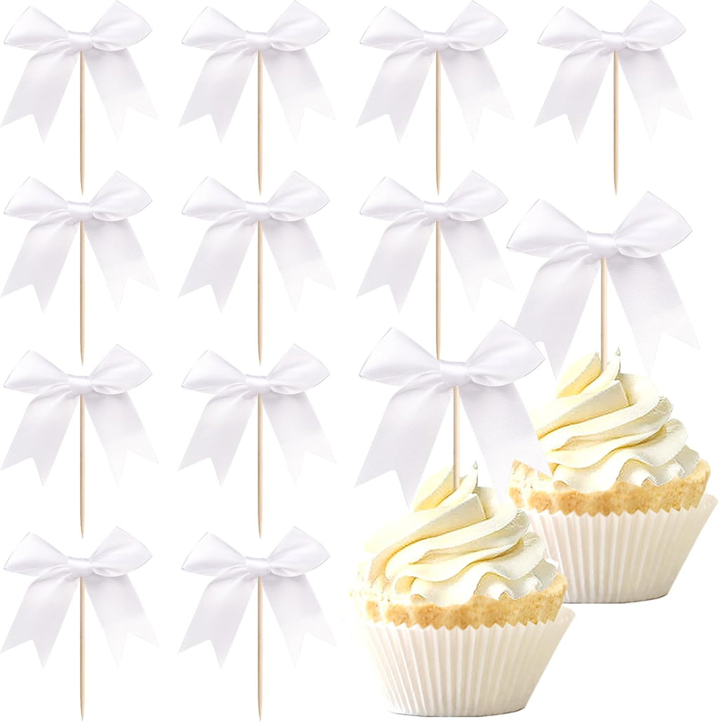 24 PCS Bow Cupcake Toppers Bowknot Cake Toppers Bow Cupcake Picks Bowknot Birthday Party Decorations Bow Cake Dessert Picks for Wedding Bridal Engagement Baby Shower Birthday Party Supplies White