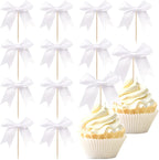 24 PCS Bow Cupcake Toppers Bowknot Cake Toppers Bow Cupcake Picks Bowknot Birthday Party Decorations Bow Cake Dessert Picks for Wedding Bridal Engagement Baby Shower Birthday Party Supplies White