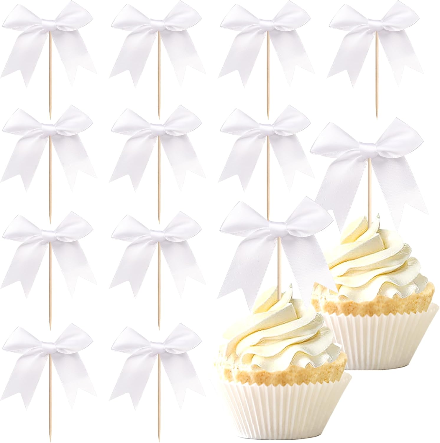 24 PCS Bow Cupcake Toppers Bowknot Cake Toppers Bow Cupcake Picks Bowknot Birthday Party Decorations Bow Cake Dessert Picks for Wedding Bridal Engagement Baby Shower Birthday Party Supplies White