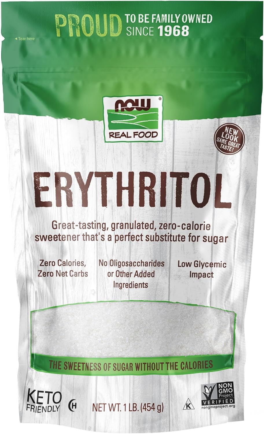 NOW Foods, Erythritol, Great-Tasting Sugar Replacement, Zero Calories, Low Glycemic Impact, Kosher, 1-Pound (Packaging May Vary)