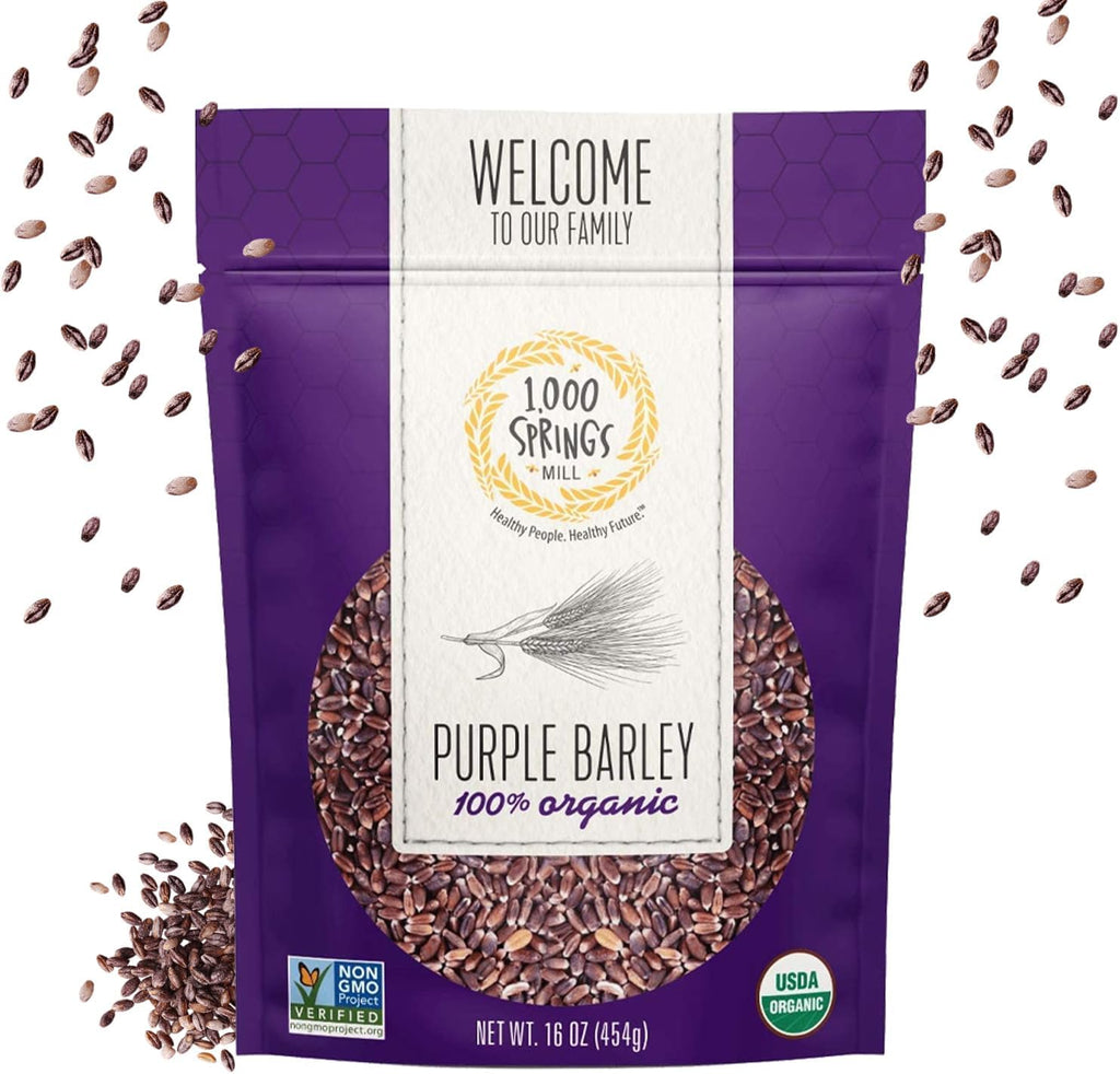 1000 Springs Mill - Organic Purple Barley | Used for Cereals, Salads, Whole Wheat Bread, Fresh Barley Flour, Sprouting Seeds, and more | Bulk Dried Grain | Resealable Bag | 16oz (Pack of 1)