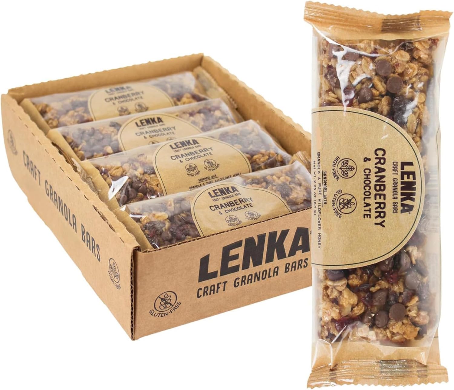 Lenka Bars - Cranberry Chocolate Snack Bars, Gluten Free, High Fiber, Kosher, Wholesome, No Artificial Flavors, Individually Wrapped - 12 Pack