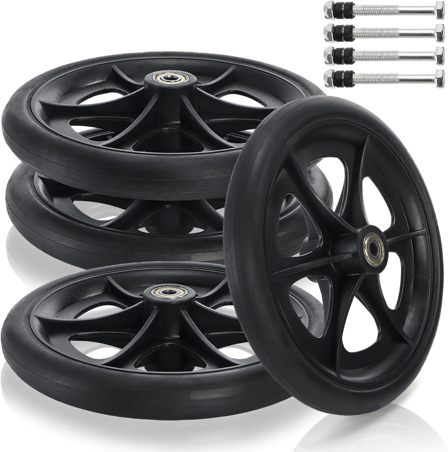 Covzoe 4 Pack 8 Inch Replacement Wheelchair Wheels, Wear Resistant Walker Wheels PU Tires, Anti-Slip Cast Roller Wheel for Most Floors, Black