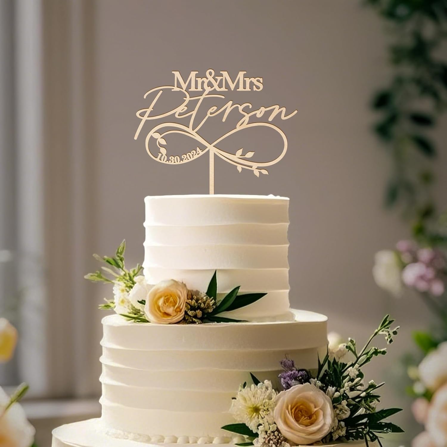 Mr & Mrs Wedding Cake Topper Personalized Bride & Groom's Last Name and Date Customized Wedding Anniversary Cake Decoration Leaves Infinity in Wood