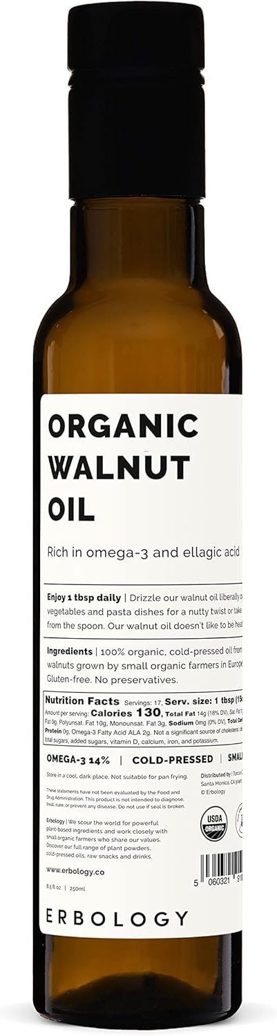 Erbology Organic Walnut Oil 8.5 fl oz - Cold-Pressed - Supports Cognitive Health - Straight from Farm - Non GMO - No Additives or Preservatives - Recyclable Glass Bottle