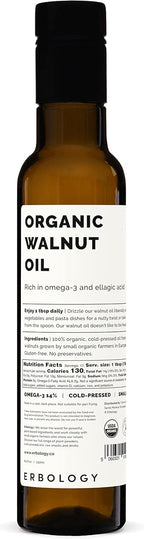 Erbology Organic Walnut Oil 8.5 fl oz - Cold-Pressed - Supports Cognitive Health - Straight from Farm - Non GMO - No Additives or Preservatives - Recyclable Glass Bottle