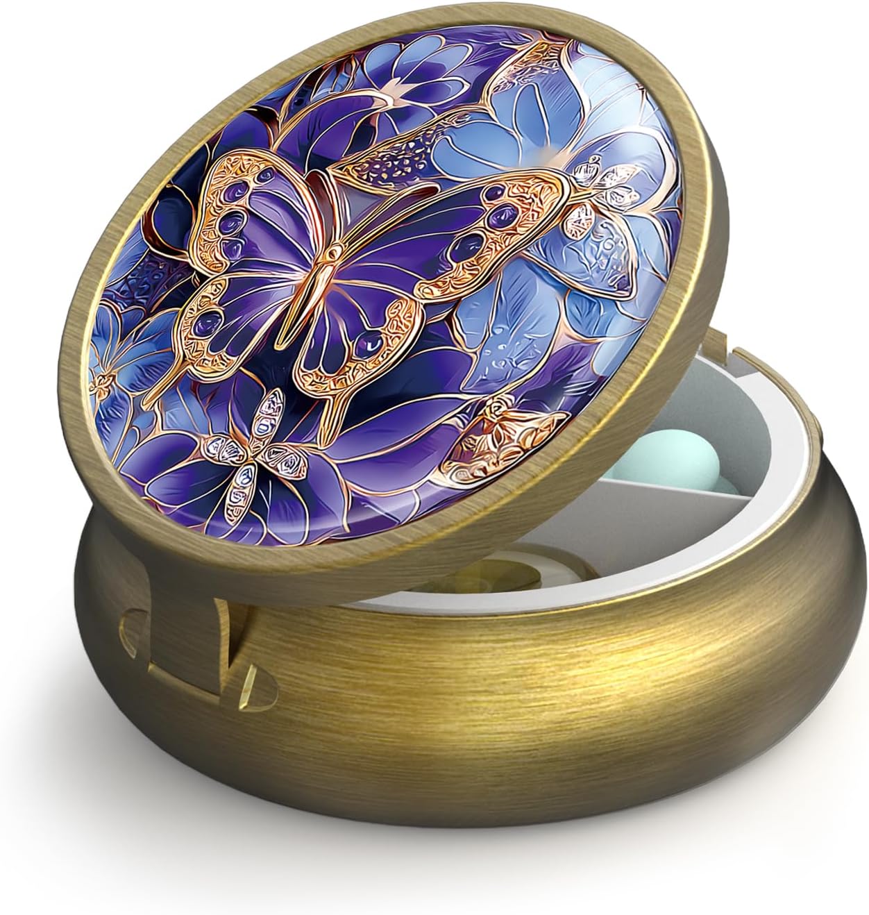 Small Pill Case Pill Box with Mirror Retro 3 Compartment Pill Holder for Purse or Pocket Bronze Portable Medicine Vitamin Container Fish Oil and Supplement Storage BPA-Free(Purple Butterfly)