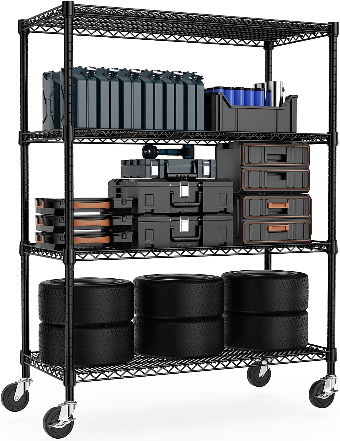 53" W Storage Shelves 1760LBS 4 Tier Metal Shelving Unit with Wheels Heavy Duty Garage Shelving Adjustable Wire Shelves for Pantry,Kitchen,Garage,Basement,Black 23.6" D x 53.2" W x 73.6" H