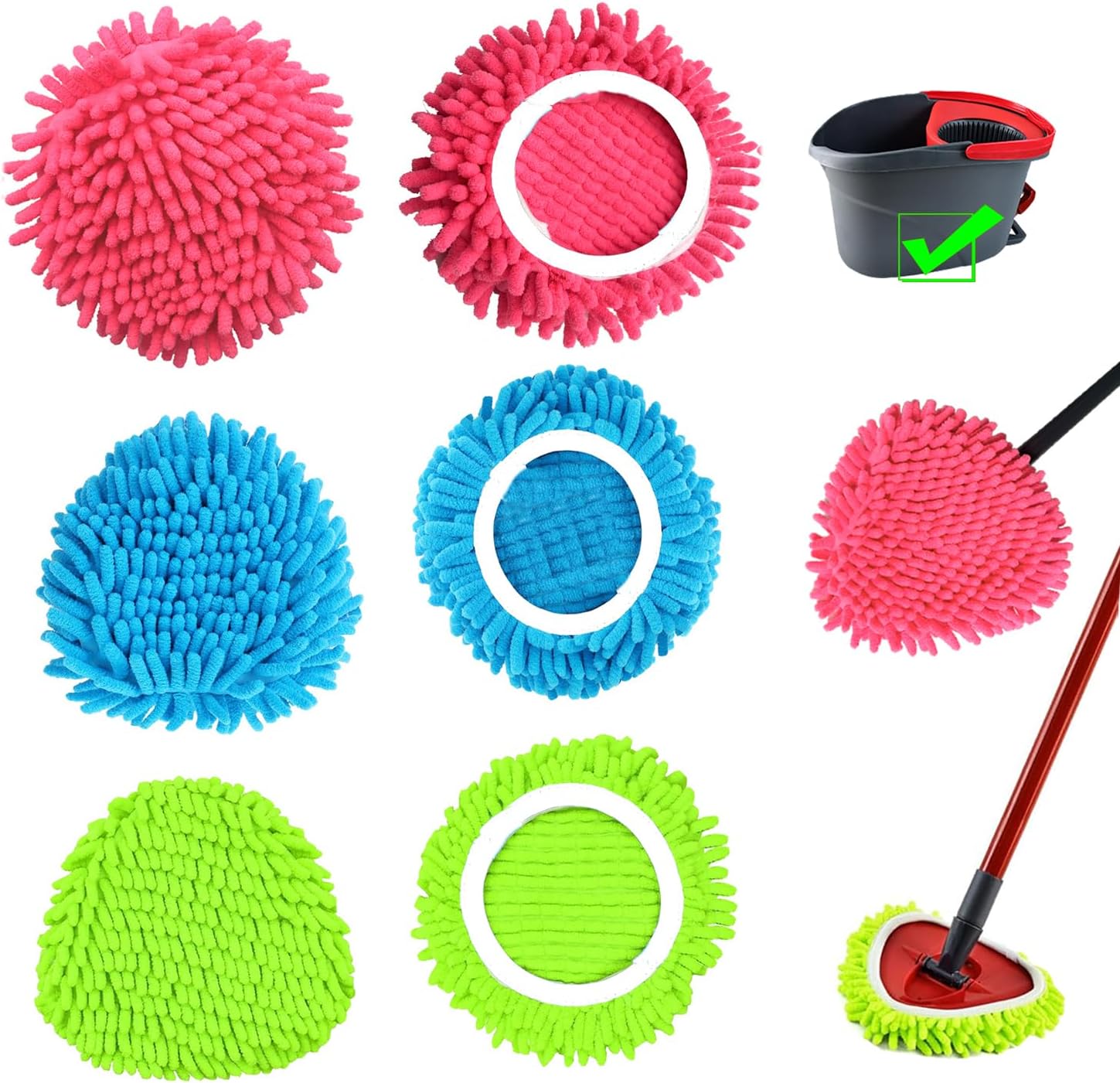 6 PCS Spin Mop Heads Replacements Compatible with Ocedar Easywring 1 Tank System Chenille Mops Duster Pad Washable Dust Refills Green Blue Red