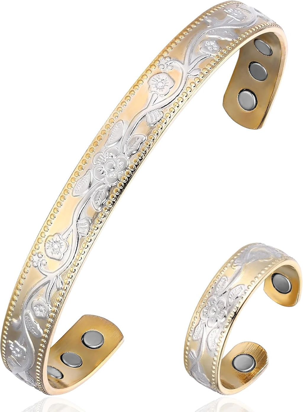 BioMag Copper Bracelet & Ring for Women, 99.99% Pure Copper Magnetic Bracelet Lymphatic Drainage Rings with 3500 Gauss Magnets, Adjustable & Flower Pattern (Gold Base with Silver)