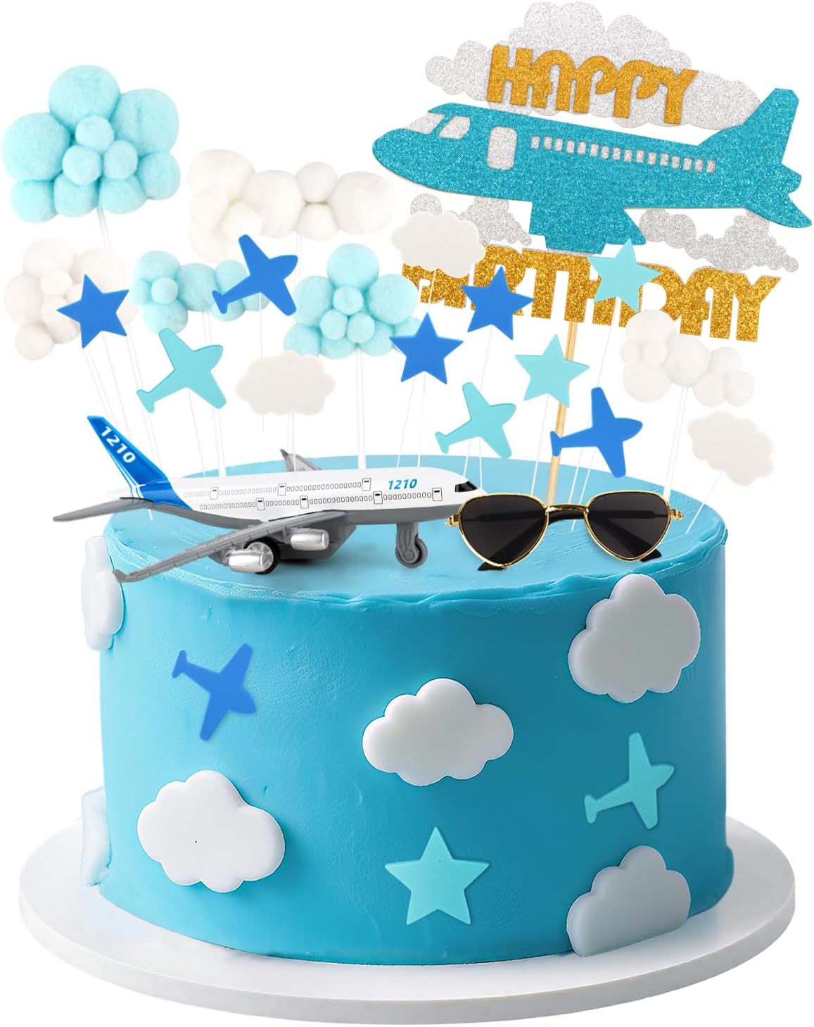 25 Pieces Airplane Cake Decorations Set with Airplane Figurine Aviator Sunglasses Cupcake Toppers for Aircraft Theme Birthday Party Decoration Supplies