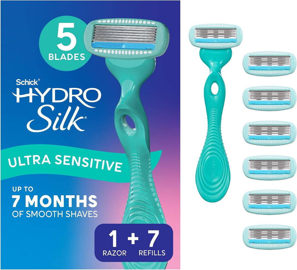 Schick Hydro Silk Ultra Sensitive Razor for Women | Womens Razor for Sensitive Skin, 5 Blade Razors for Women, Womens Razors for Shaving, Includes 1 Handle & 7 Refills