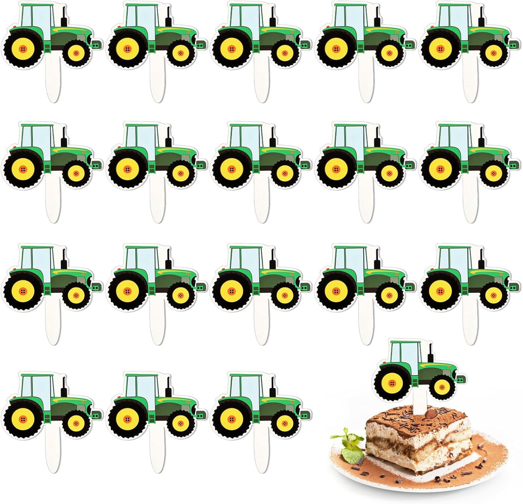 56Pcs Cake Toppers, Green Tractor Cupcake Toppers, Farm Tractor Cake Toppers, Cupcake Picks for Birthday Party Construction Party Supplies Cupcake Toppers
