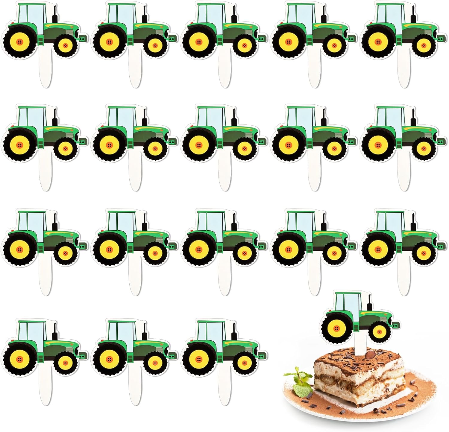 56Pcs Cake Toppers, Green Tractor Cupcake Toppers, Farm Tractor Cake Toppers, Cupcake Picks for Birthday Party Construction Party Supplies Cupcake Toppers