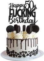 Happy 50th Fuxking Birthday Cake Topper - Funny Black Glitter 50 & Fabulous Party Supplies - Cheers to 50 Years Party Cake Decoration