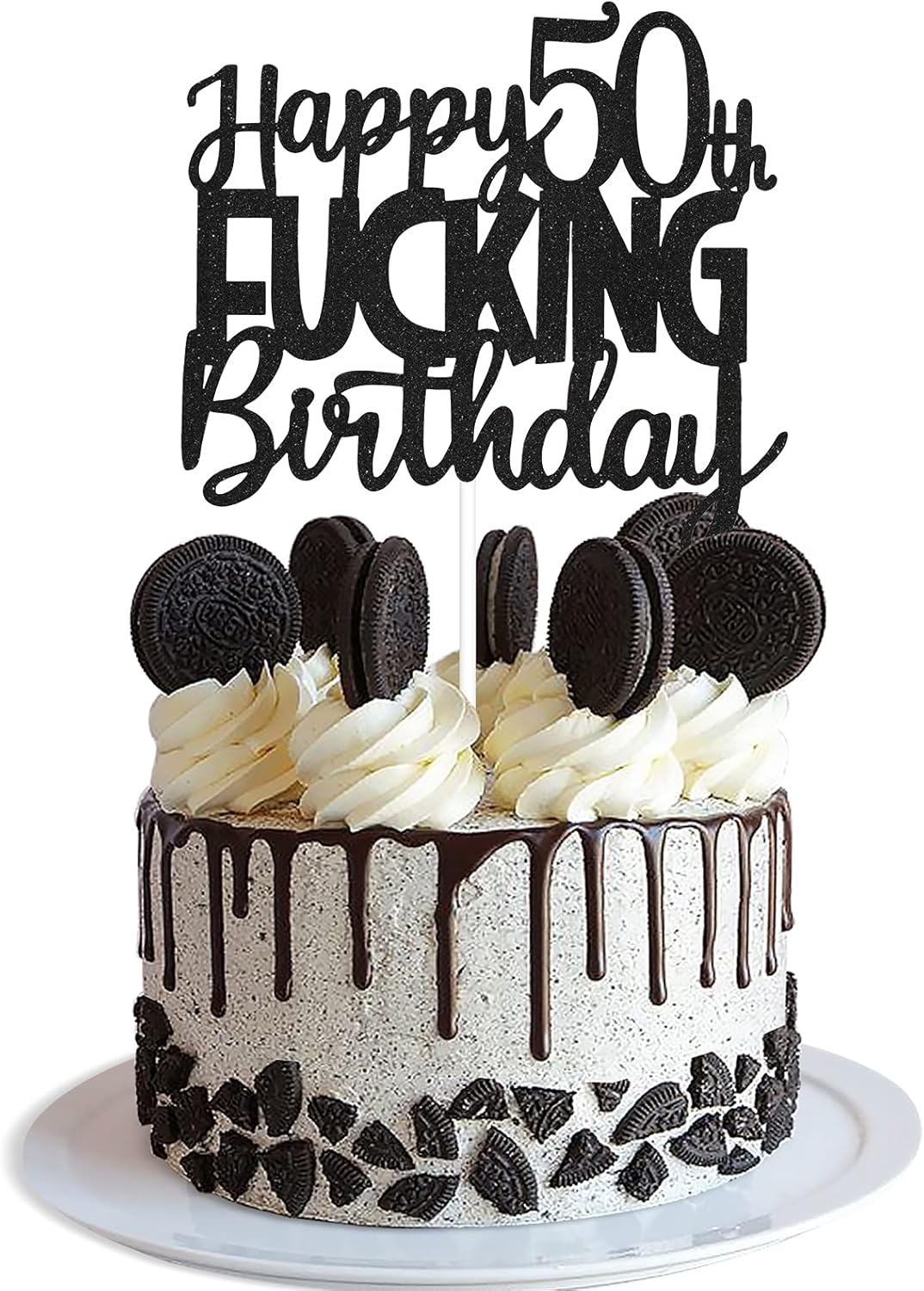 Happy 50th Fuxking Birthday Cake Topper - Funny Black Glitter 50 & Fabulous Party Supplies - Cheers to 50 Years Party Cake Decoration
