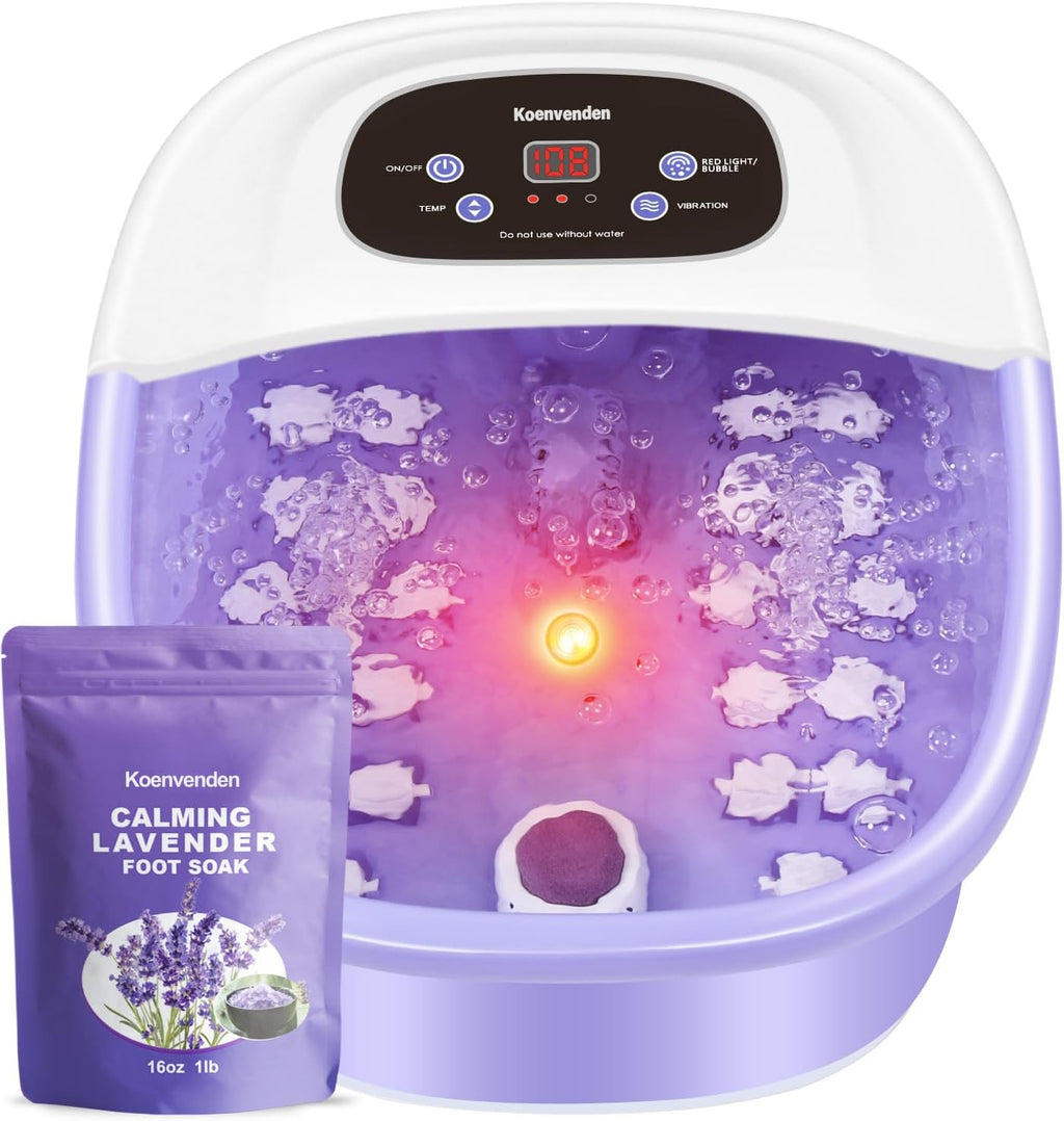 Foot Spa Massager with Heat, Bubbles & Vibration, 22 Rollers, Red Light, Adjustable Temp - Includes Lavender Epsom Salt - Purple