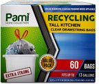 PAMI Recycling Tall Kitchen Drawstring Trash Bags- Extra-Strong Plastic Garbage Bags- Thick Trash Can Liners For Kitchen & Outdoor Bins- 2ft x2ft Unscented Trash Bags (13 Gallon – 60 Count – Clear)