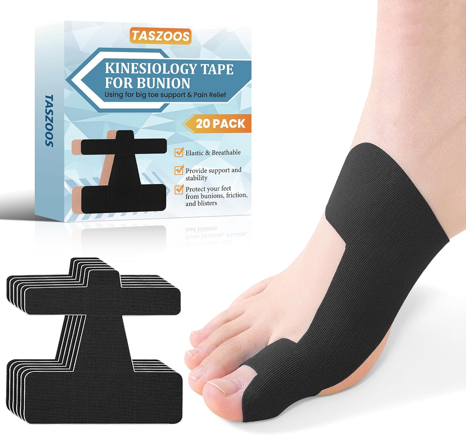 Kinesiology Tape for Bunion, 20 Pcs Pre-Shaped Athletic Tape – Breathable, Latex-Free Foot Tape for Discomfort Relief & Big Toe Joint Support for Walking, Running, Standing (Black)