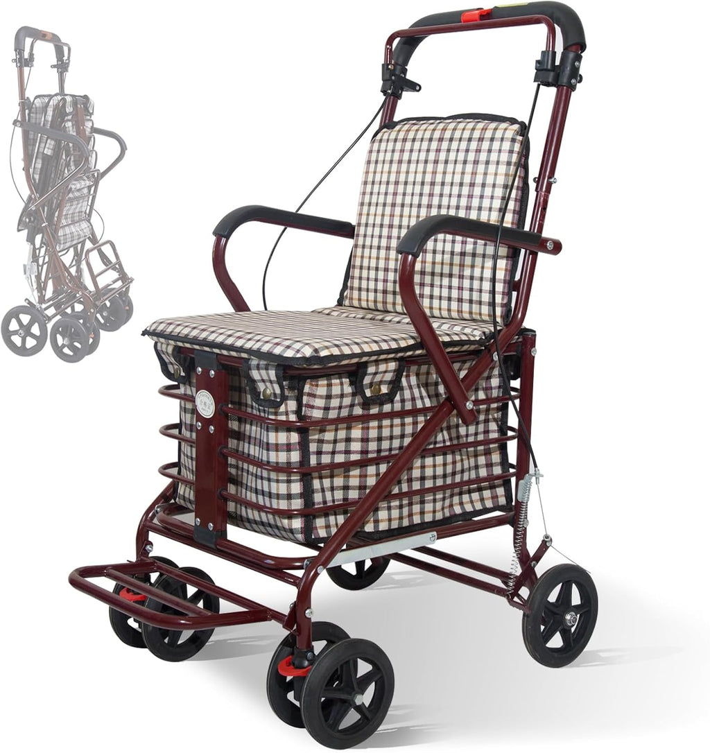 Foldable Shopping Cart with Seat, All-Terrain Wheels, 220 lbs Capacity, Comfortable Thickened Cushion, Easy to Fold and Store, FitS 59-72 Inches, 220lbs, Red