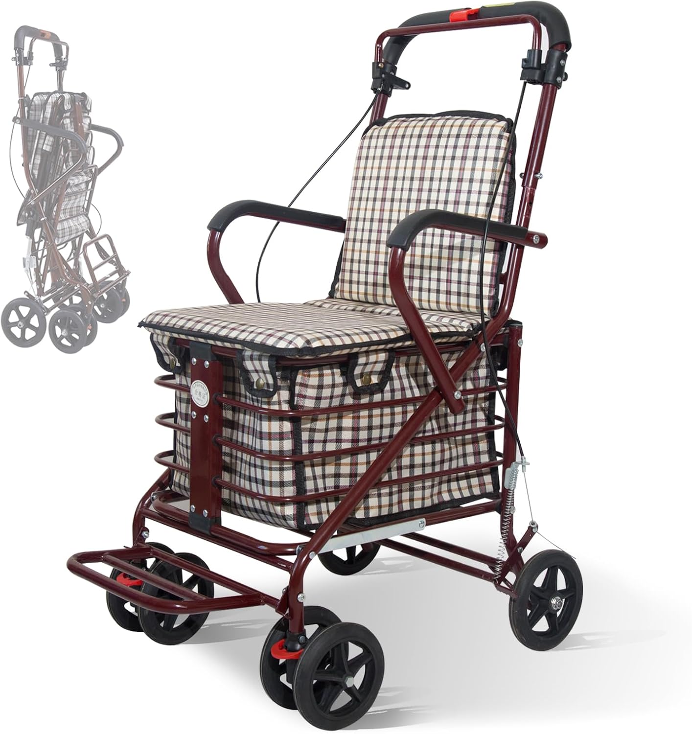 Foldable Shopping Cart with Seat, All-Terrain Wheels, 220 lbs Capacity, Comfortable Thickened Cushion, Easy to Fold and Store, FitS 59-72 Inches, 220lbs, Red