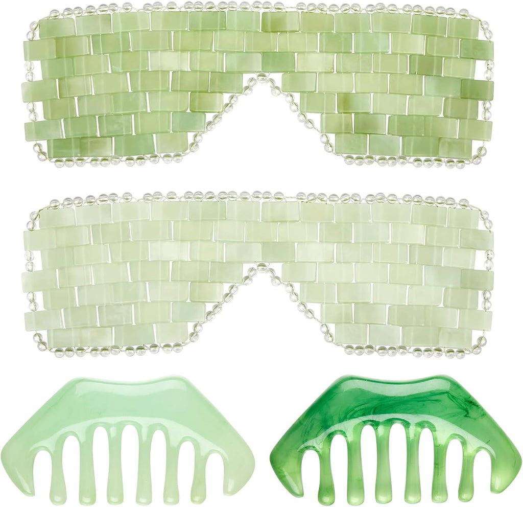 Hercicy 4 Pcs Jade Eye Mask and Hair Comb Set Green Jade Stone Eye Mask White Facial Cooling Set Guasha Scalp Comb Facial Massage Tool for Relax Alleviate Puffiness Esthetician Supplies