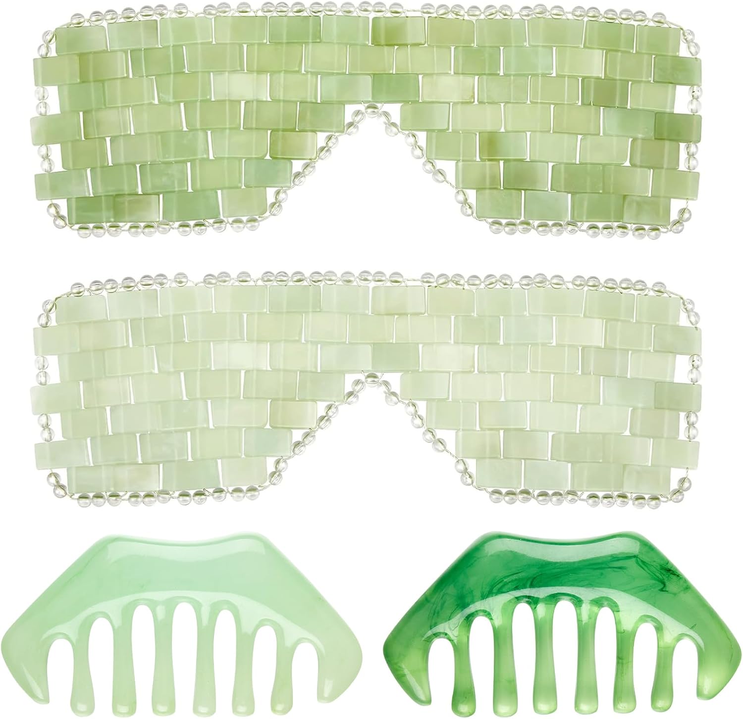 Hercicy 4 Pcs Jade Eye Mask and Hair Comb Set Green Jade Stone Eye Mask White Facial Cooling Set Guasha Scalp Comb Facial Massage Tool for Relax Alleviate Puffiness Esthetician Supplies