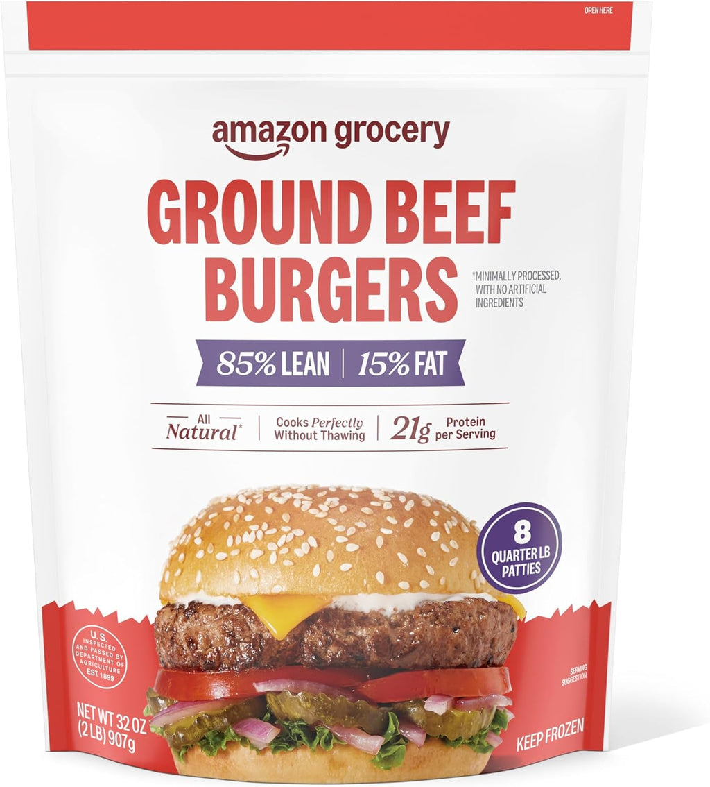 Amazon Grocery, Ground Beef Burgers, 85% Lean, 15% Fat, 32 Oz, 8 Ct, Frozen