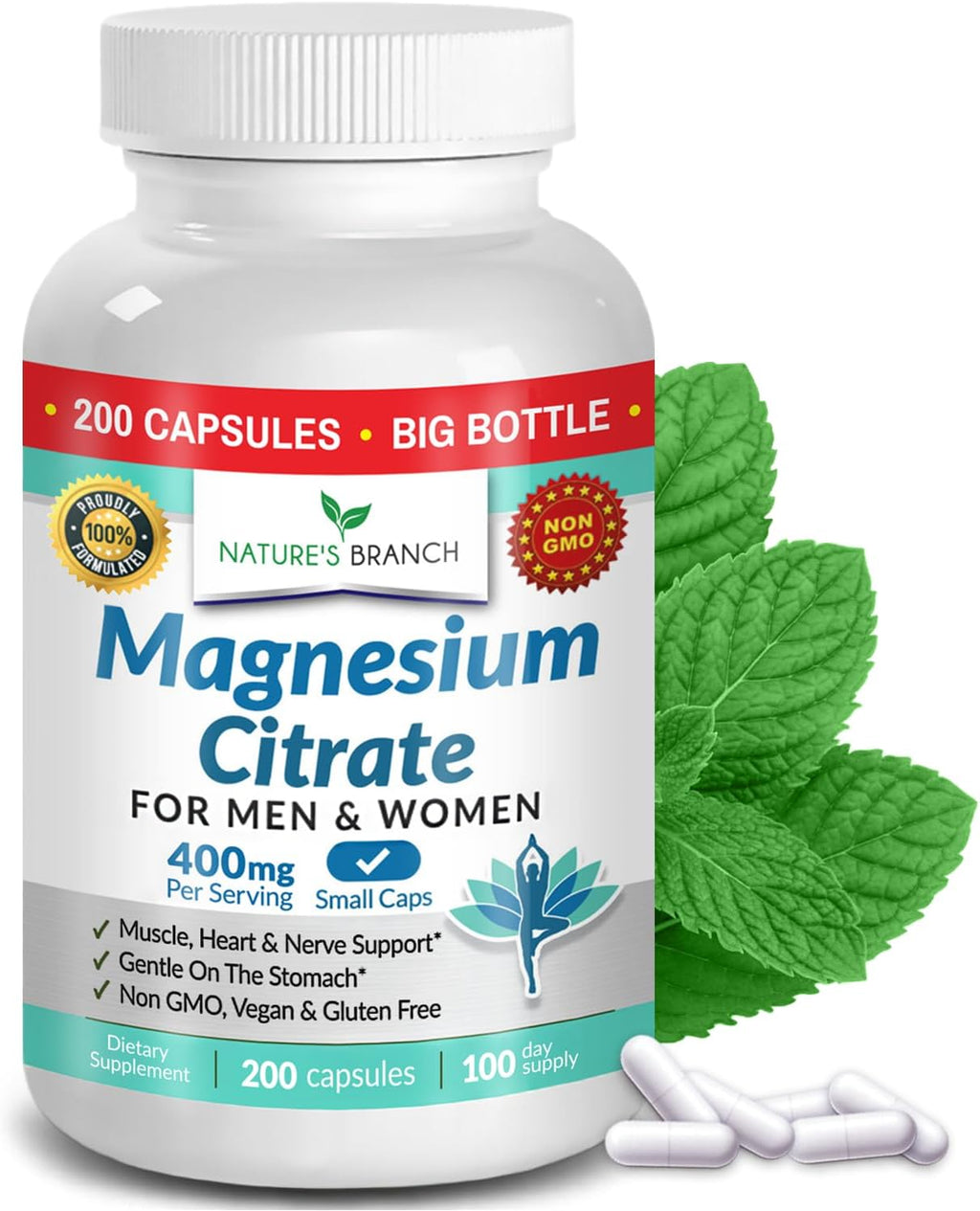 Magnesium Citrate 400mg | 200 Capsules, High Absorption for Sleep, Relax, Leg Cramps, Energy, Extra Strength Easy to Swallow Small Pills for Women & Men, Vegan Supplement for Digestion, Not Tablets