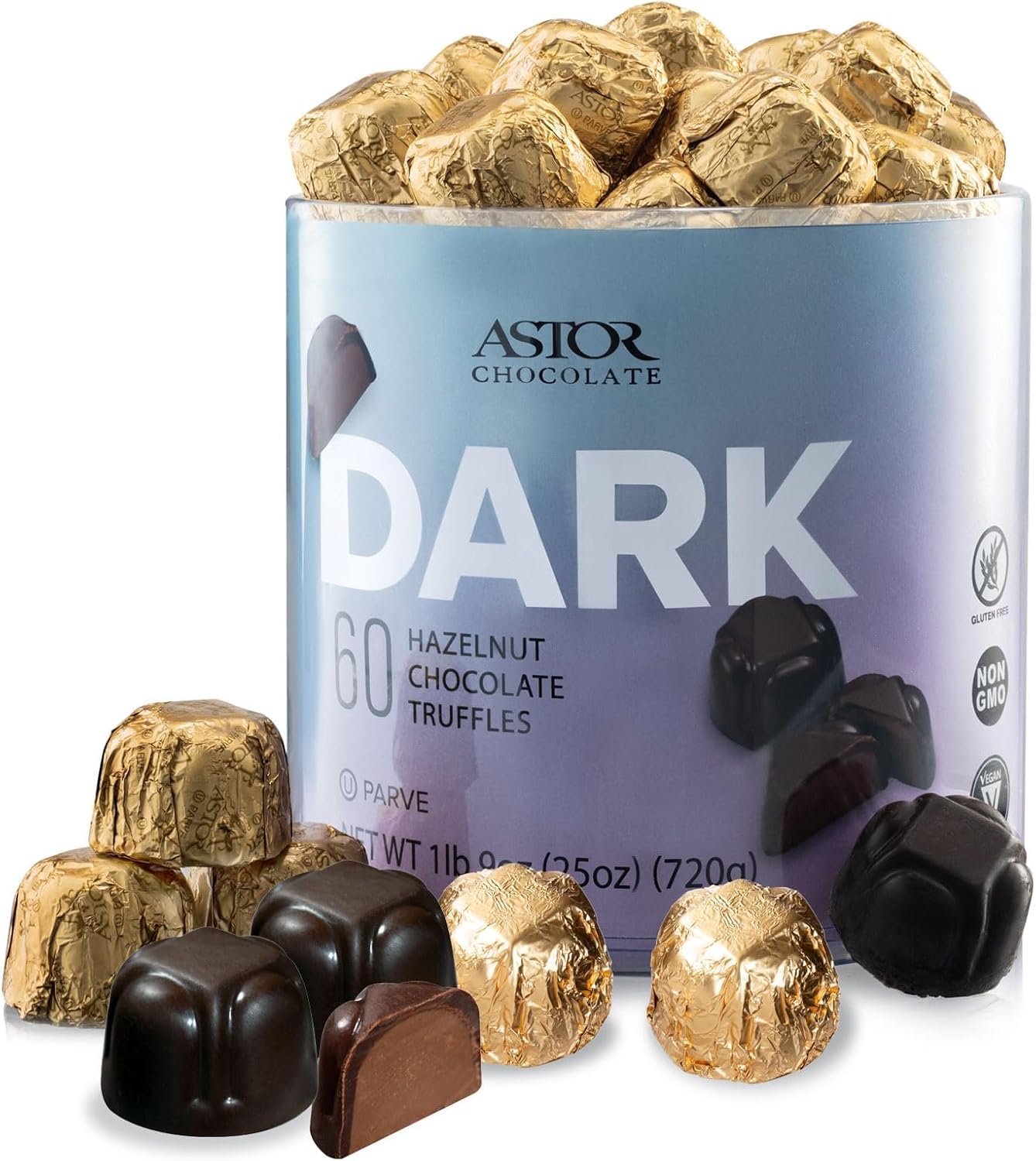 Vegan Chocolate Truffles By Astor Chocolate 60 Count Gourmet Vegan Certified Dairy Free Dark Chocolate Hazelnut Truffles Bulk Tub Premium Candy Gift, Kosher Parve