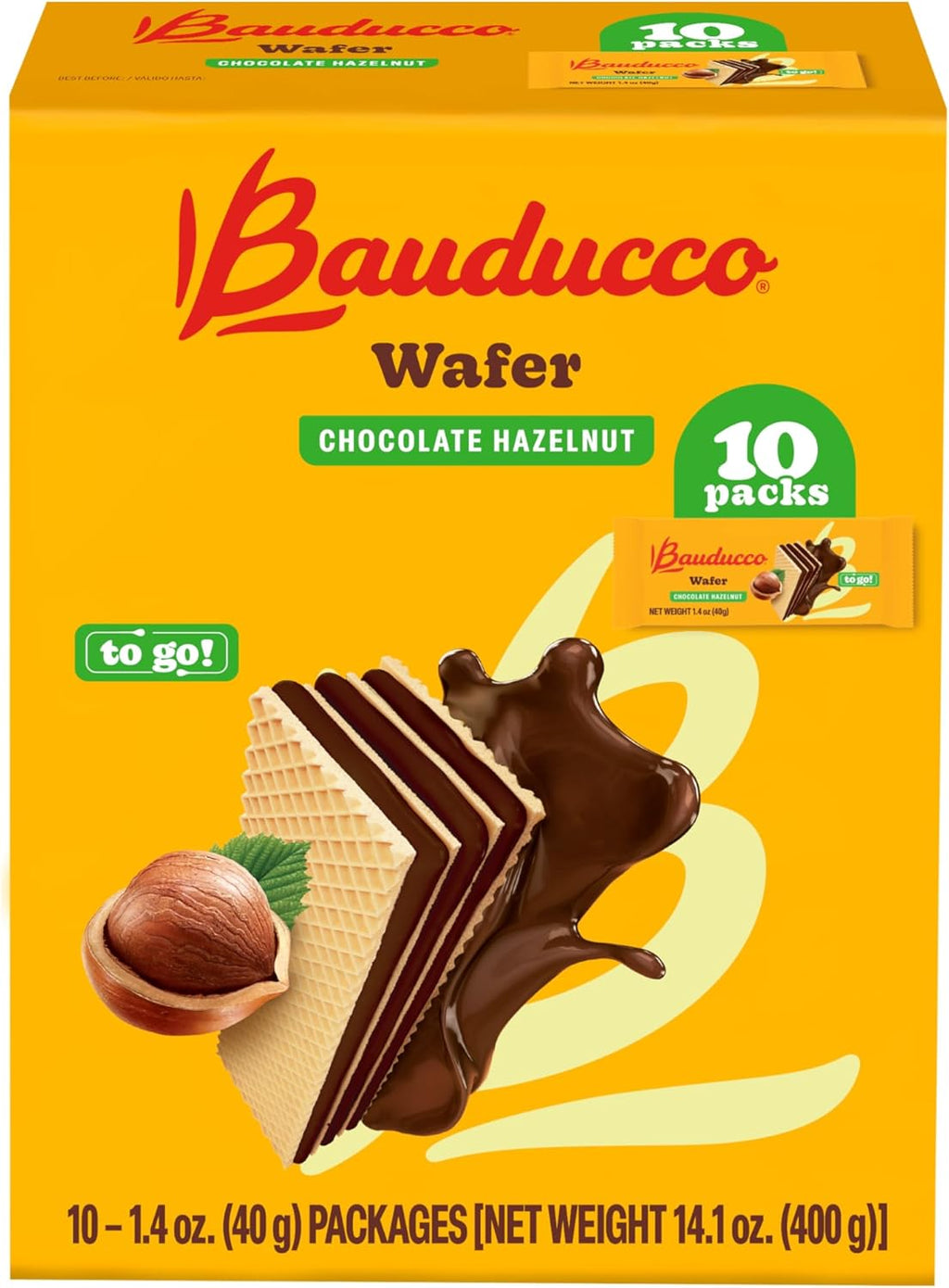 Bauducco Wafer Cookies, Chocolate Hazelnut, Single Serve, 14.1 oz (Pack of 10) - Individually Wrapped Crispy Wafers - Triple-Layer Cream-Filled Dessert - Convenient Indulgence To-Go.