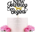 WeBenison New Journey Begins Cake Topper/Happy Retirement Cake Decorations/Farewell Party/Retirement Decorations Supplies Black Glitter