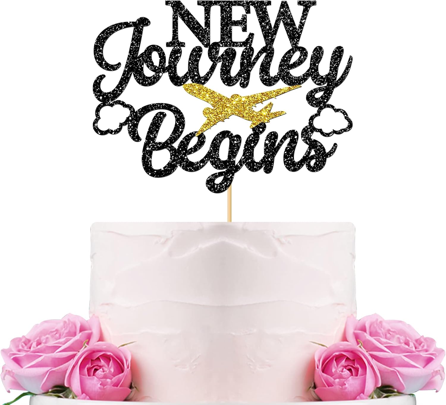 WeBenison New Journey Begins Cake Topper/Happy Retirement Cake Decorations/Farewell Party/Retirement Decorations Supplies Black Glitter