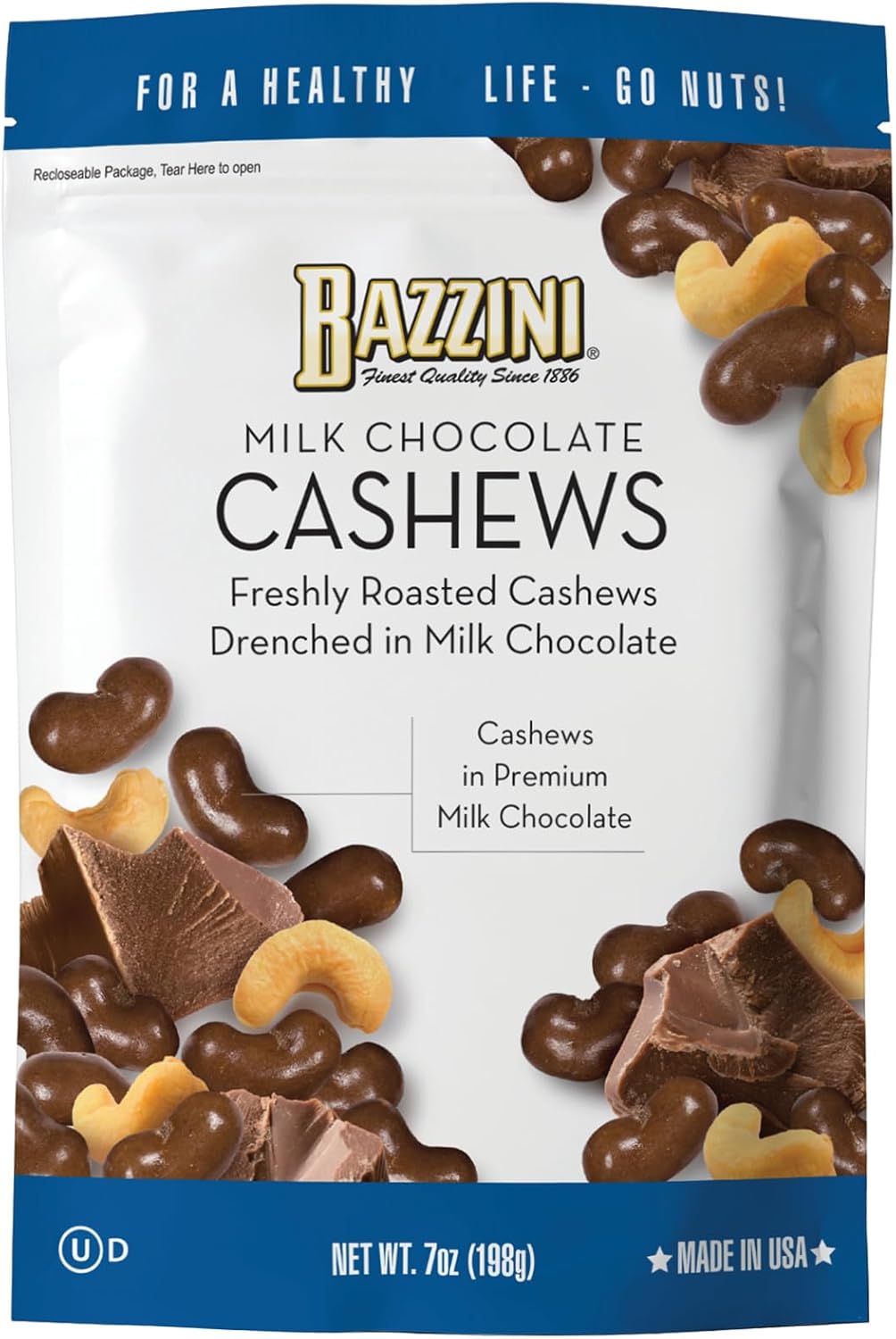 Bazzini Milk Chocolate Cashews, Gourmet Cashews Coated in Rich Milk Chocolate, Kosher, Since 1886 Gourmet Nut Snack, Made in USA (7oz Pouch)