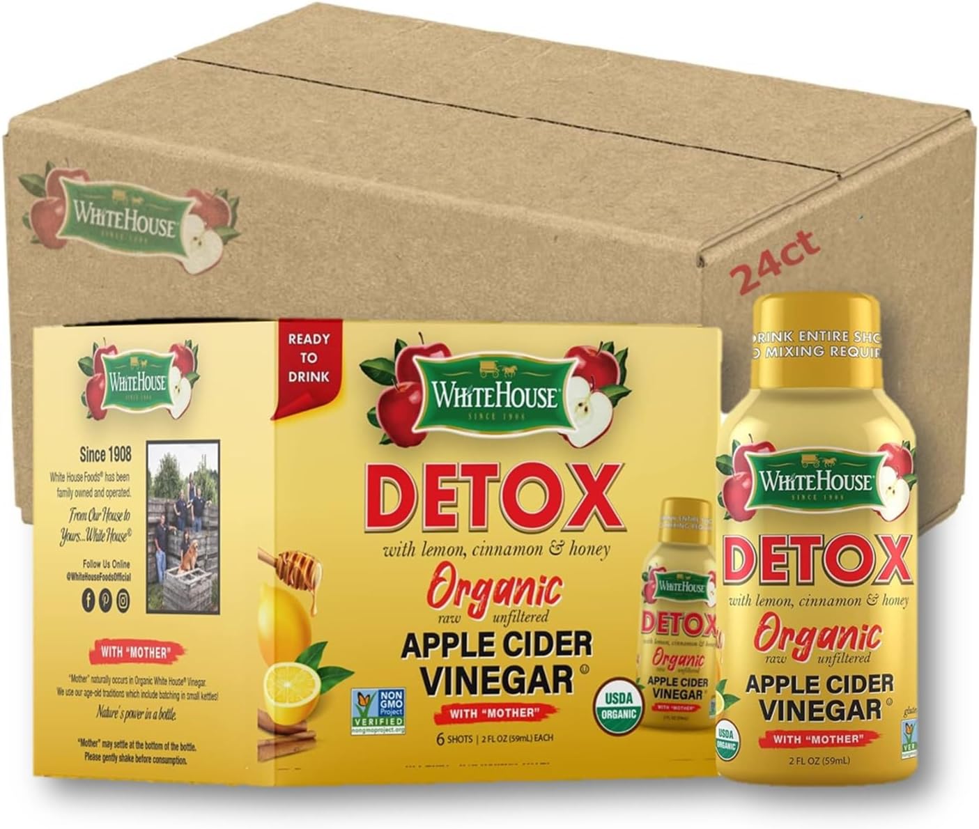 White House Detox Apple Cider Vinegar Shots, Raw Unfiltered, On the Go (Detox, Pack of 24)