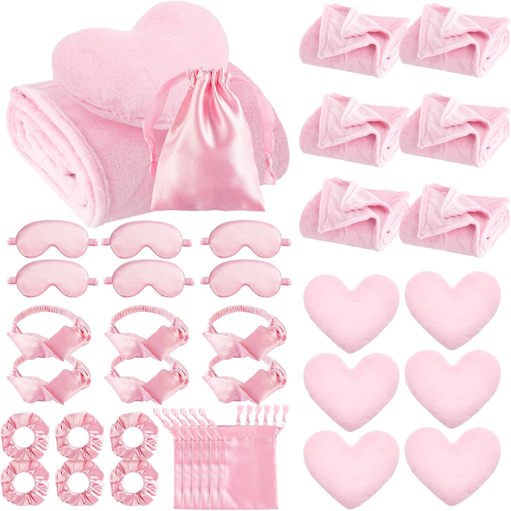 Fanfanwin 36 Pcs Spa Sleepover Party Supplies for Girls, Slumber Party Favors with Throw Blanket Heart Pillows Silk Headband Eye Mask and Bag for Pajama Spa Birthday Supply