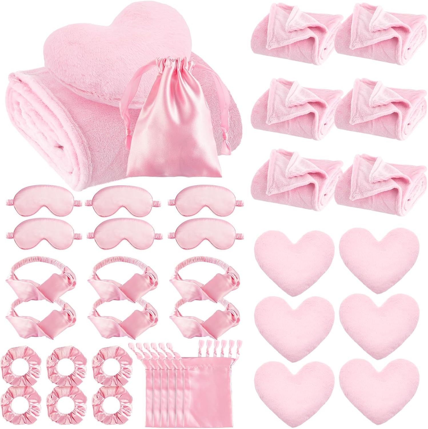 Fanfanwin 36 Pcs Spa Sleepover Party Supplies for Girls, Slumber Party Favors with Throw Blanket Heart Pillows Silk Headband Eye Mask and Bag for Pajama Spa Birthday Supply