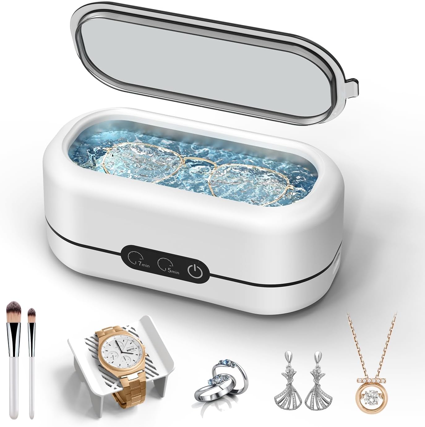 Ultrasonic Jewelry Cleaner, 48KHz Ultrasonic Cleaner Machine for Jewelry, Eyeglasses, Rings, Watch Strap, Dentures-Dual Cleaning Modes, 304 Stainless Steel Tank