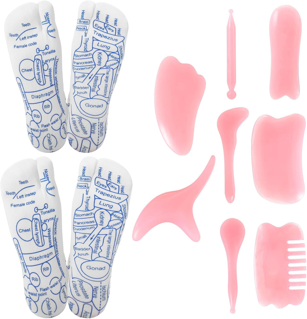 Threlaco 2 Pairs Reflexology Socks with Acupressure Massage Tools Set of 8 Foot Pain Relief Remedy Acupoint Massage Socks Tools for Women, Beginners, Yoga, Pilates
