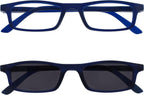 OPULIZE TED Reading Glasses and Reading Sunglasses for Women Men, Lightweight Narrow Rectangular Matt Frame with spring Hinges and Tinted UV400 Protection Lens, Blue +2.00 (Pack of 2)